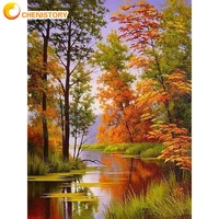 chenistory autumn tree and river oil painting by numbers for adults diy paints kits unique gift 40x50cm framed home wall art