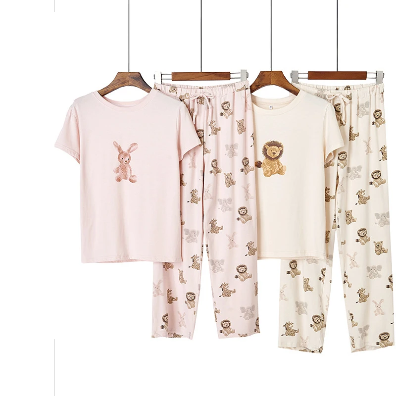 

Pajamas Women Summer Modal Japanese Rabbit Lion Print Pajama loungewear Pyjamae suit Sleepwear