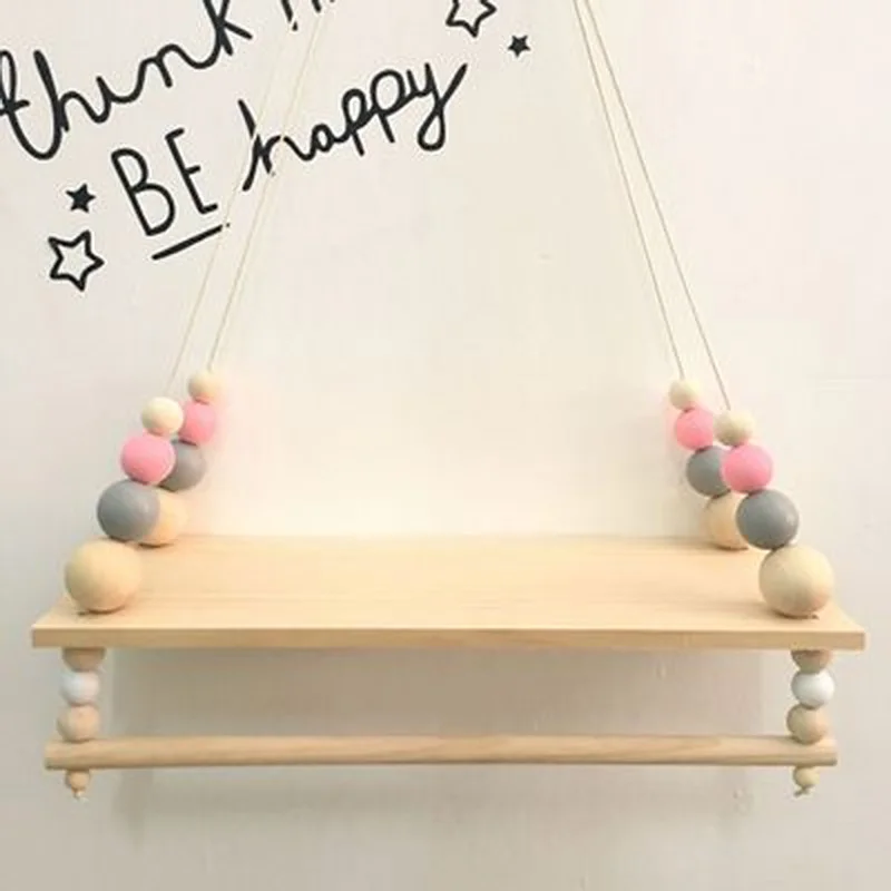 

Colorful Beads Tassel Wooden Wall Shelf Wall Clapboard Decoration Nordic Style Kids Baby Room Organizer Shelves Display Stand