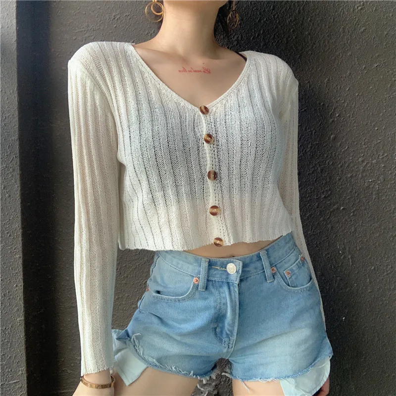 

2021 Fall Deep V-neck Basic Knitewear Casual Long Sleeve Buttom Cardigan Blusa Loose Black White Solid Color Tops Women Clothing