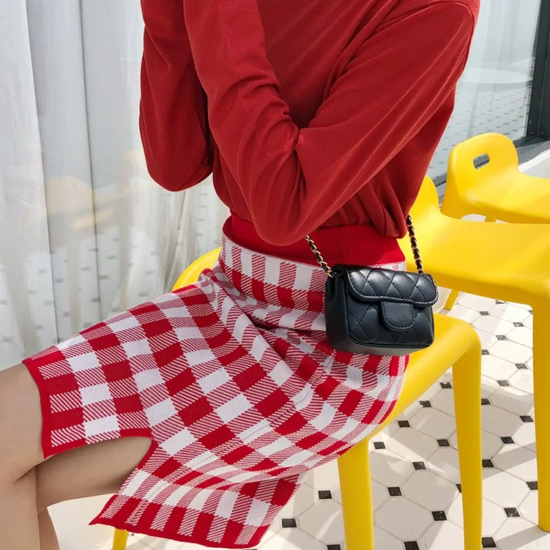 

Solid color Plaid Print Skirts Women Cotton Knit Autumn Skirts High Waist Split Skirts female Midi Skirt
