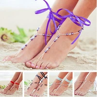 2020 bohemia handmade ribbon on leg anklets simple chic beads silver color chain toe ring ankle anklets for women foot jewelry