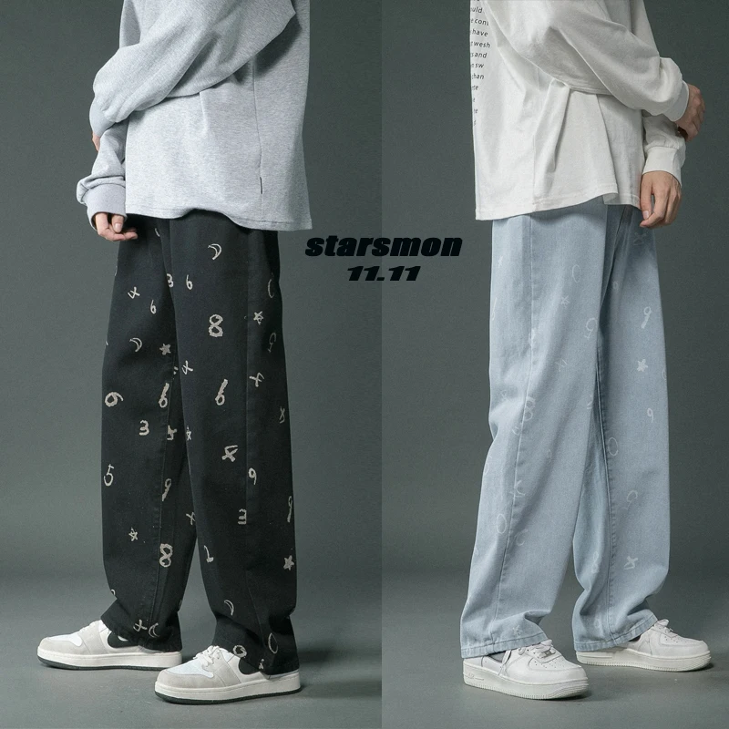 

Men Printing leisure Multicolor Baggy Homme Cargo Pocket Jeans Loose Straight Black Casual Pants Biker Denim Streetwear Trousers