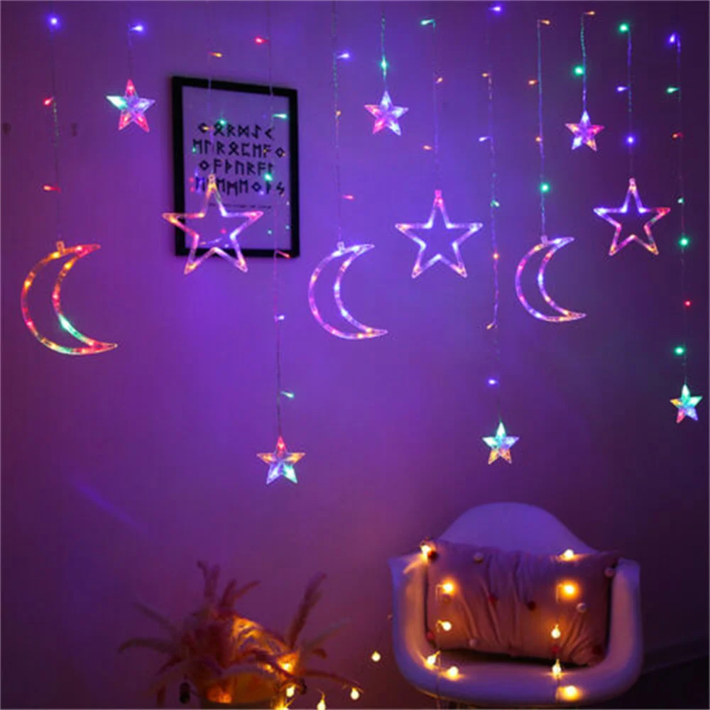L&aacute;mpara LED de car&aacute;mbano con forma de luna y estrella, cortina de hadas, guirnalda de luces Eid Mubarak, decoraci&oacute;n para habitaci&oacute;n, hogar, boda, fiesta, decoraci&oacute;n de ventana-3