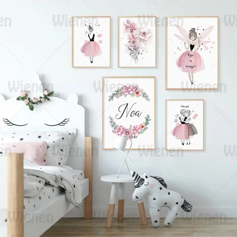 Постер в скандинавском стиле мультфильм розовая принцесса милая девушка цветы