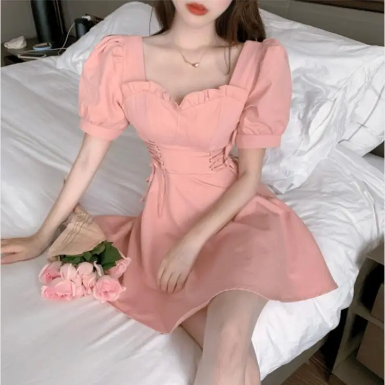 

French Puff Sleeve White Dress Children's Summer 2020 New Waist Waist Thin Strap Fairy Short dress Embroidery Casual