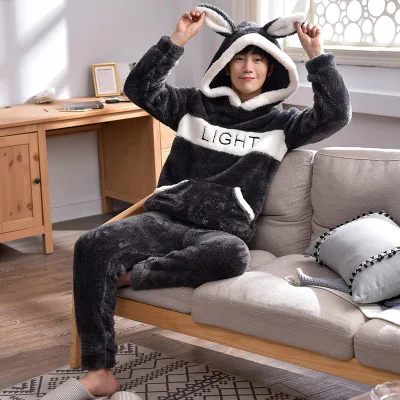 man pajamas1 Зимняя мужская Милая мультяшная Пижама для костюмированной вечеринки, парные плотные теплые фланелевые пижамные комплекты с капюшоном для женщин, бархатные пижамы с длинным рукавом kiguru - Цвет: man pajamas1