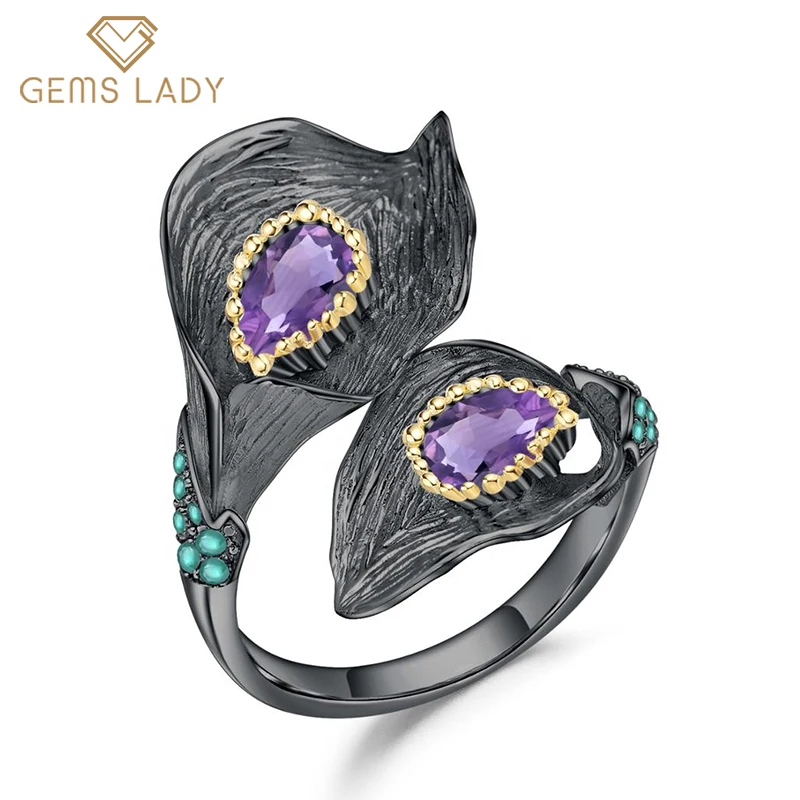 

GICA GEMA Natural Amethyst/Peridot/Topaz Gemstone Open Rings For Women Real 925 Sterling Silver Female Engagement Wedding Gifts