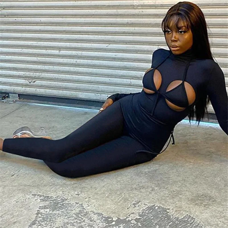 

One-piece trousers 2021 autumn winter new sexy street sports hollow stitching tights jumpsuit suit female multi-color optional