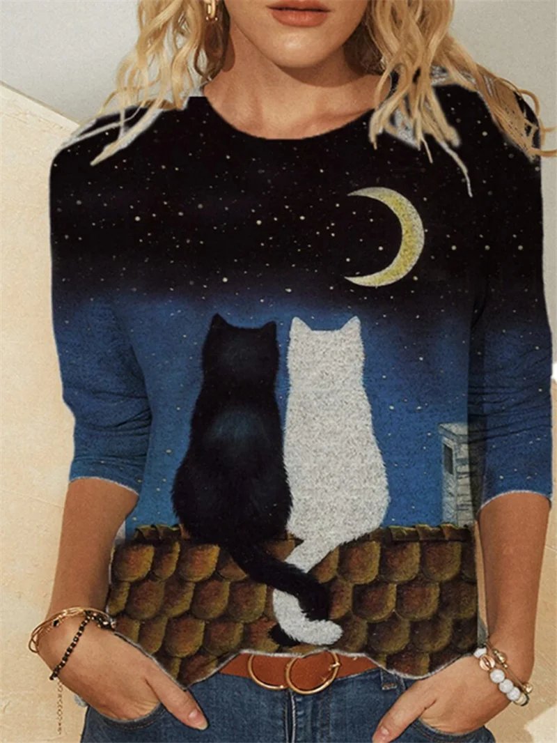 

Harajuku Natural Landscape Print Long Sleeve T-shirt Autumn 2021 Women's Casual O-Neck Pullover Tops Fashion Street Lady Tees