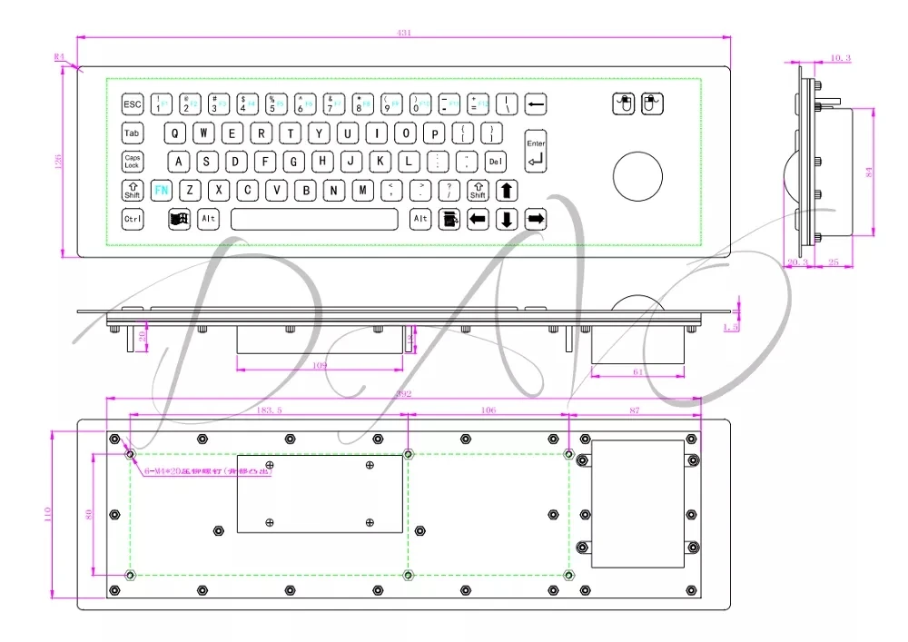 Водонепроницаемая промышленная металлическая прочная клавиатура с трекболом из