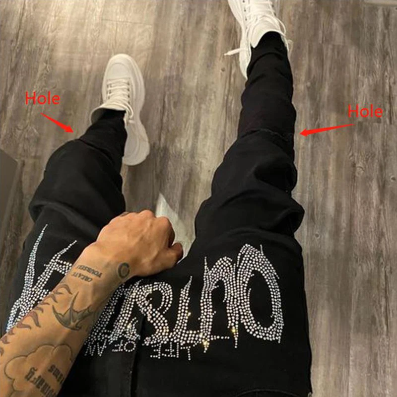 Men Black New Hole Pencil Pants Trousers Stretchy Ripped Skinny Biker Hot Drill High Quality Street Punk Washed Destroyed Jeans