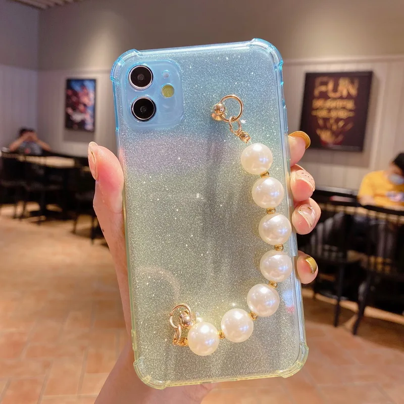 

Luxury Gradient Glitter Pearl Chain Phone Case For iPhone 12 11 Pro Max X XR XS Max 7 8 Plus Bumper Wristband Back Cover