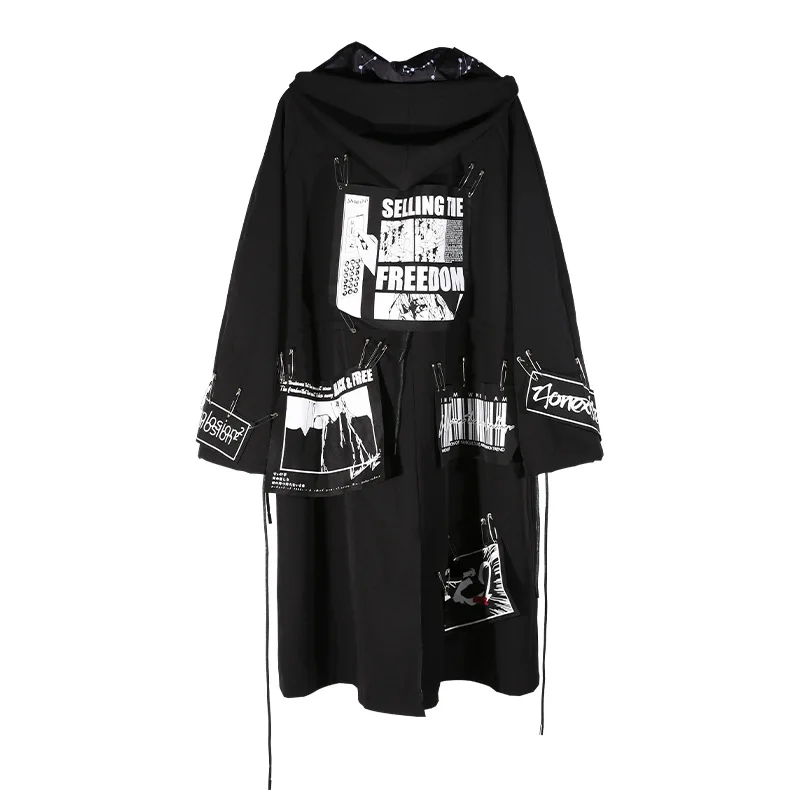 

Hooded Vintage Gothic Punk Rock Cloak Long Trench Coat Men Overcoat Track Jacket Pin Patchwork Casual Autumn Black Outerwear