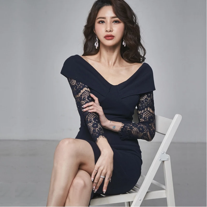 

new arrival fashion korean spring midi dress women OL temperament elegant sexy v-neck lace perspective chiffon slim pencil dress