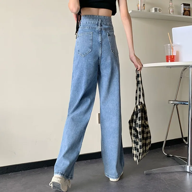

High Waist Drooping Slimming Denim Mop Trousers Women's Fashionable Ins Loose Wide-Leg Pants 2021 Spring New Straight Pants