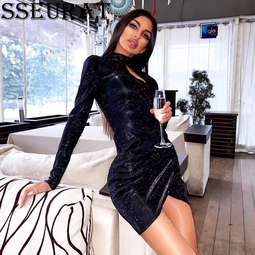 SSEURAT Women's Shiny Stand Long Sleeve Slim Mini Dress Fashion Sexy Club Party Dress Vestido