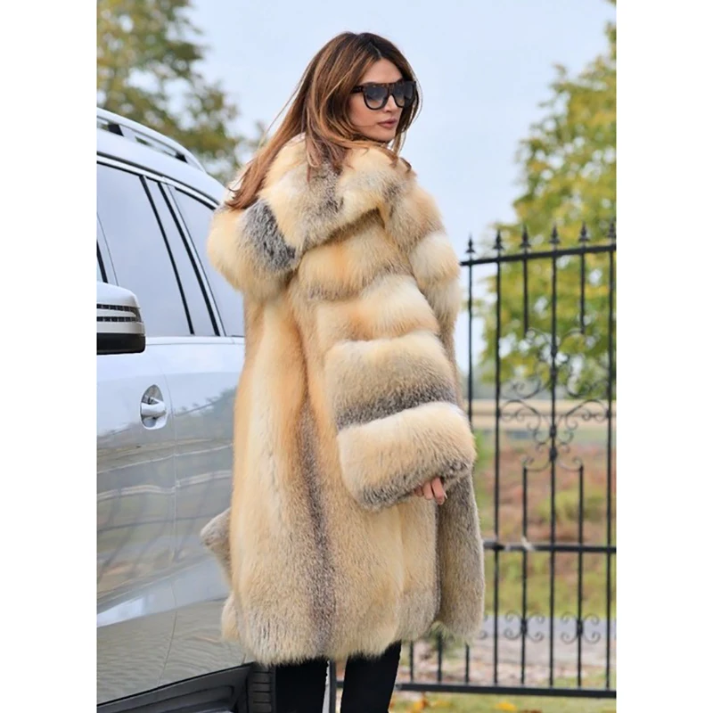 FURSARCAR Luxurious Real Natrual Golden Fox Fur Jacket With Hood Thick 2021 New Fashion Long Women Winter Fur Coat Plus Size