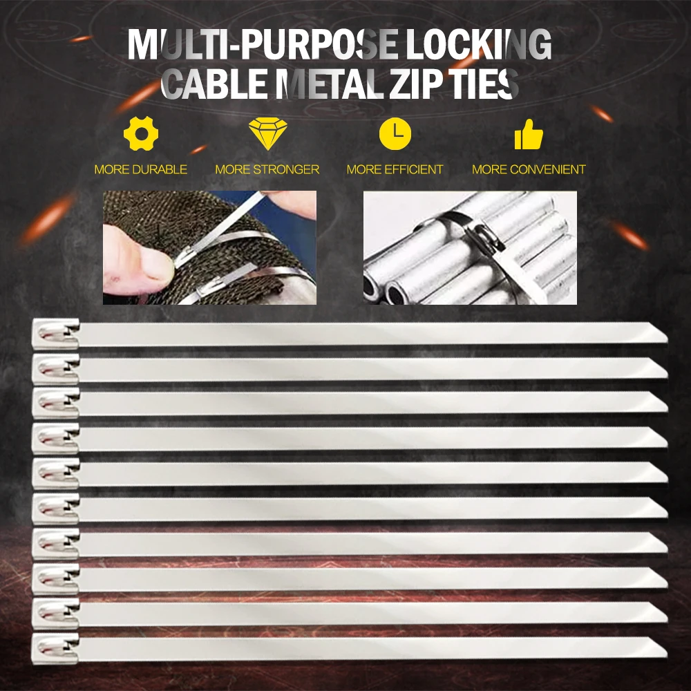 

100PCS Multi-Purpose Locking Cable Metal Zip Ties Stainless Steel Cable twist Ties Locking Metal Zip-Exhaust Wrap Coated