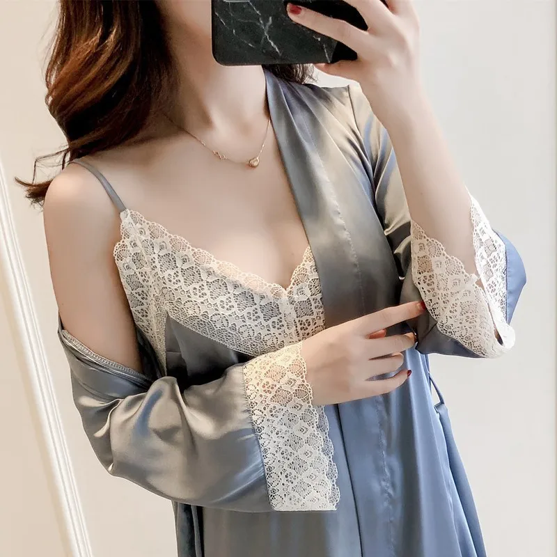

Sleepwear Women's Sexy Bathrobe Silk Robe Lace Dress Spring Summer Sling Robes Sets Night Dress Casual Nightgown Lounge Set