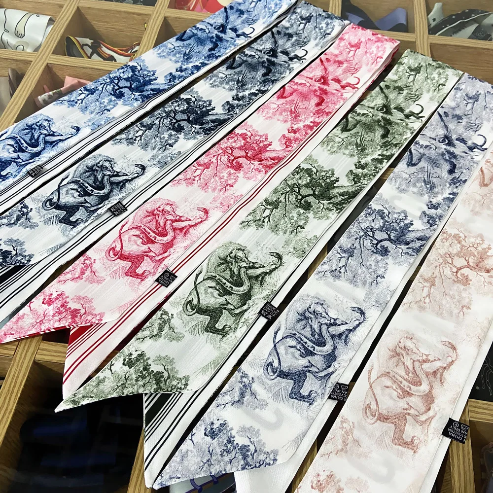 

New High Quality Hand-painted Forest Animal Print Female Silk Scarf Women Scarf 2 styles Bag Decorative Ribbons Hairband