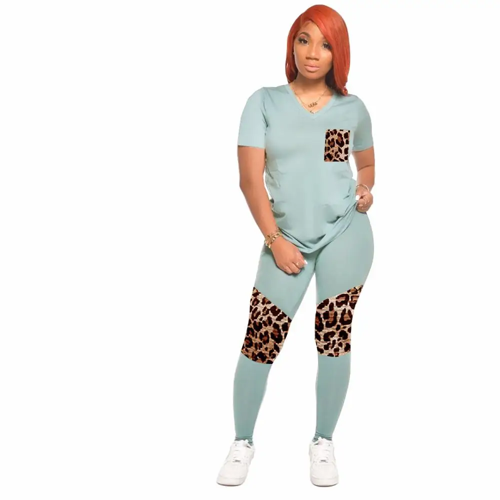 

Leopard patchwork casual lounge wear women two piece tracksuit set short sleeve t-shirt top + high waist stacked joggers suit