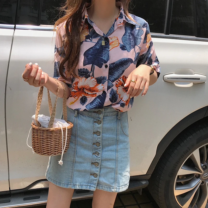

summer new casual Korean style Women's Clothing fashion brand Blouses female turn-down collar print Loose Vacation beach Shirts