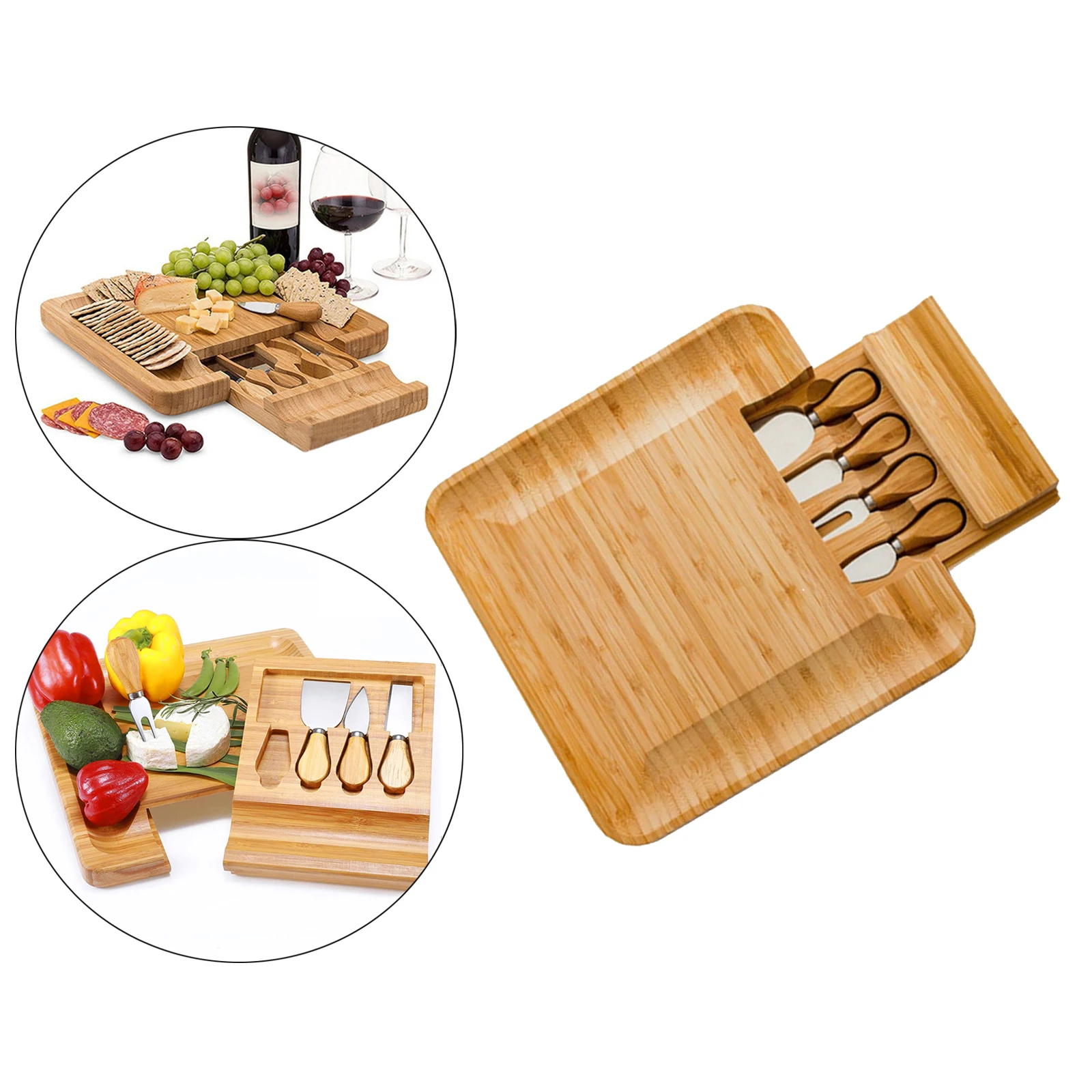 

Square Bamboo Cheese Board Platter & Knife Set Slide-Out Drawer