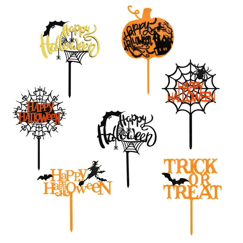 

1Pcs Halloween Acrylic Cake Topper Trick Or Treat Witch Spider Web Cupcake Topper For Happy Halloween Party Cake Baking Supplies