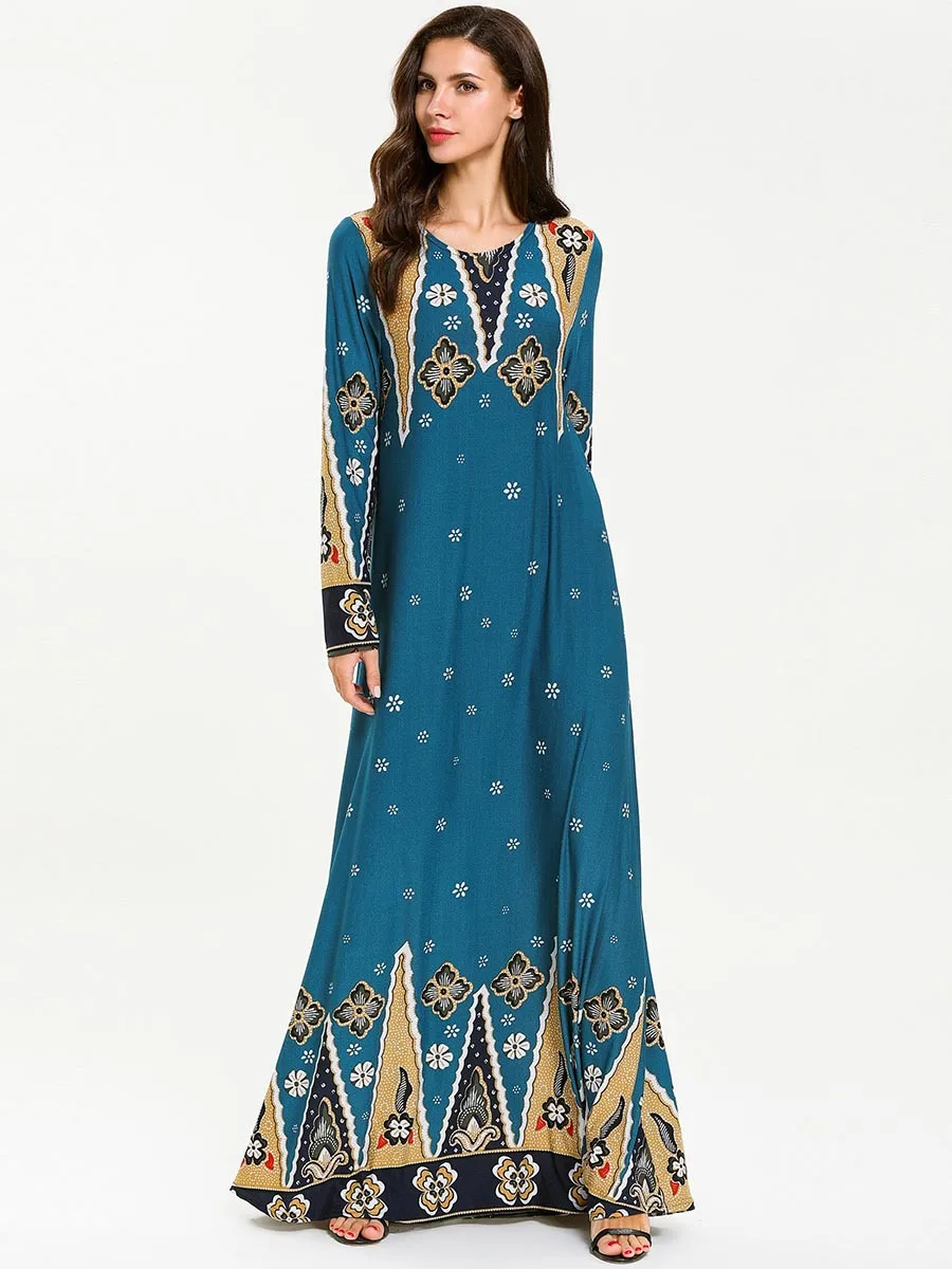 Plus Size Women Arab Muslim Dress Islamic Clothing Print Floral Big Swing Maxi Abaya Dresses Dubai Kimono Musulman Robe |