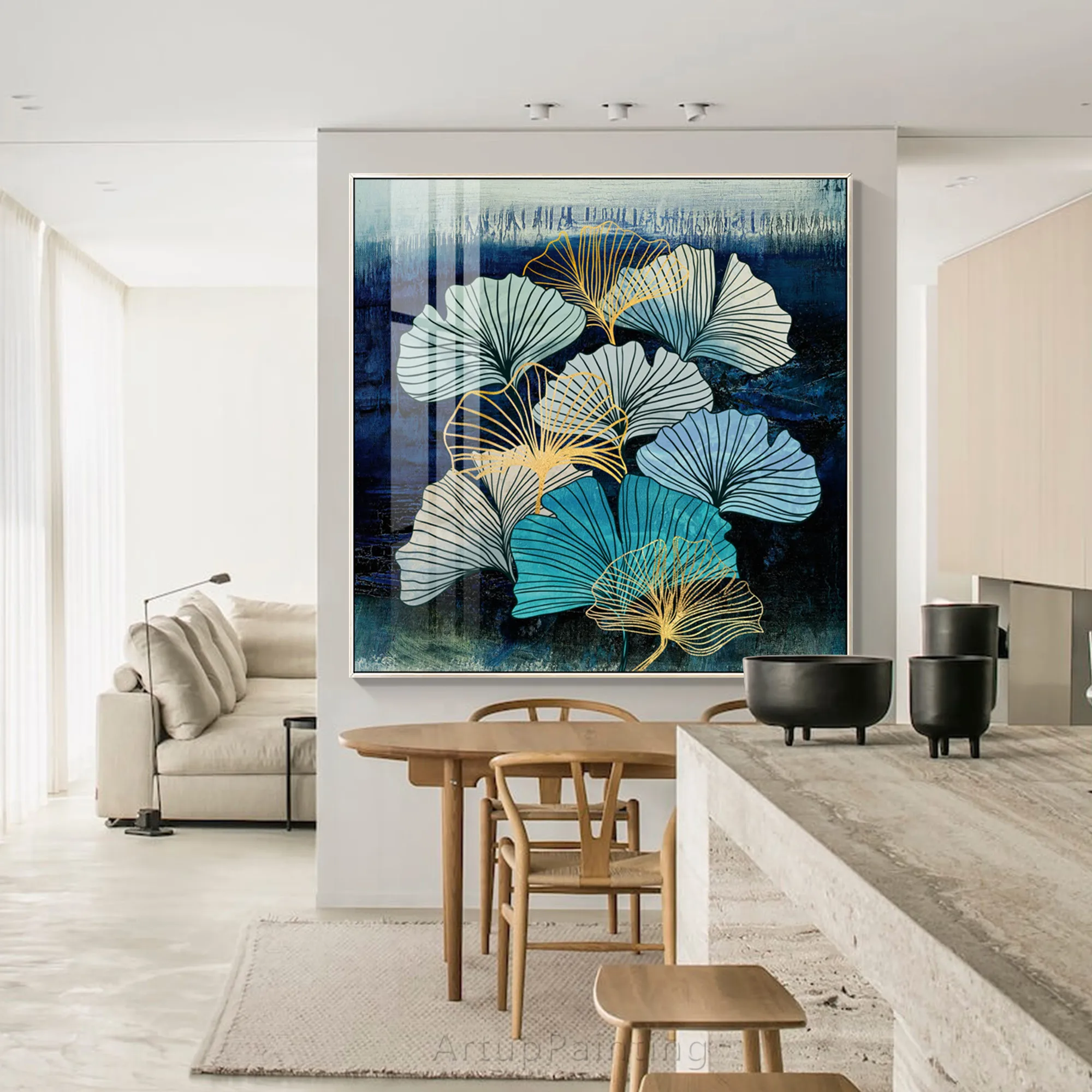 

No Framed Hand Painted Lotus Leaf Abstract Art Blue Ginko Biloba Painting 1 Wall Pictures For Room Caudros Decoracion for Women