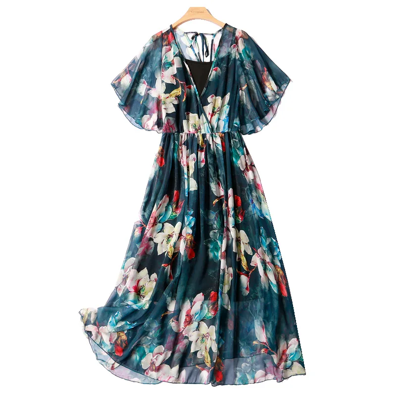

2021 Spring Summer Large Size Women's Printed Leisure Elegant Butterfly Sleeve Retro Urban Fashionable Chiffon Dresses
