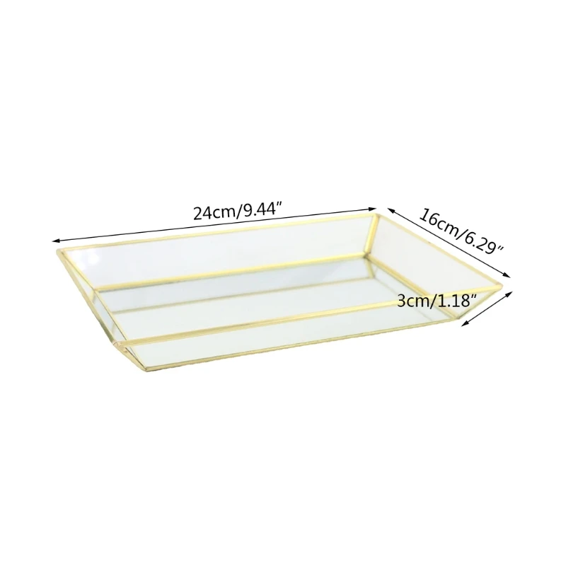 

Rectangle Gold Mirror Jewelry Organizer Tray Glass Metal Makeup for Bathroom K3ND