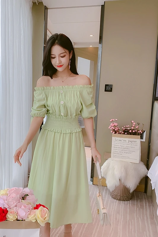 

COIGARSAM Solid Women dress New Elastic Waist Dresses Green 3060