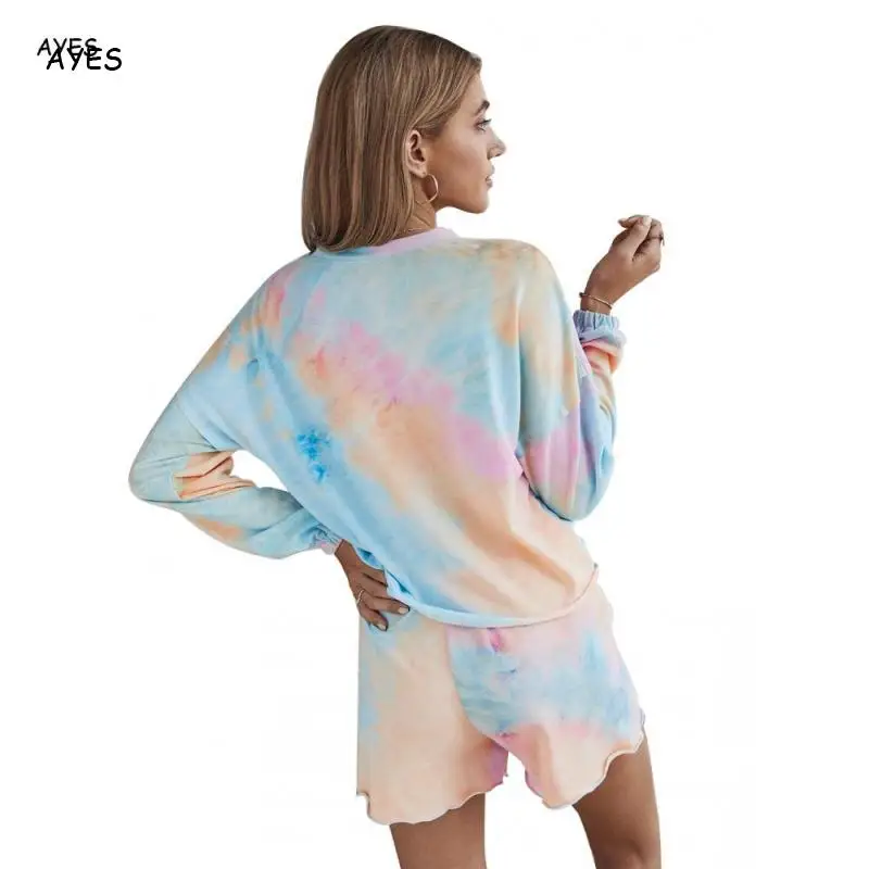 

2020 Women Casual Set Autumn Summer Tie-Dye Two Pieces Set Outfit Print Shorts Set Sweat Suit Long Sleeve Sweatshirt Shorts Gift
