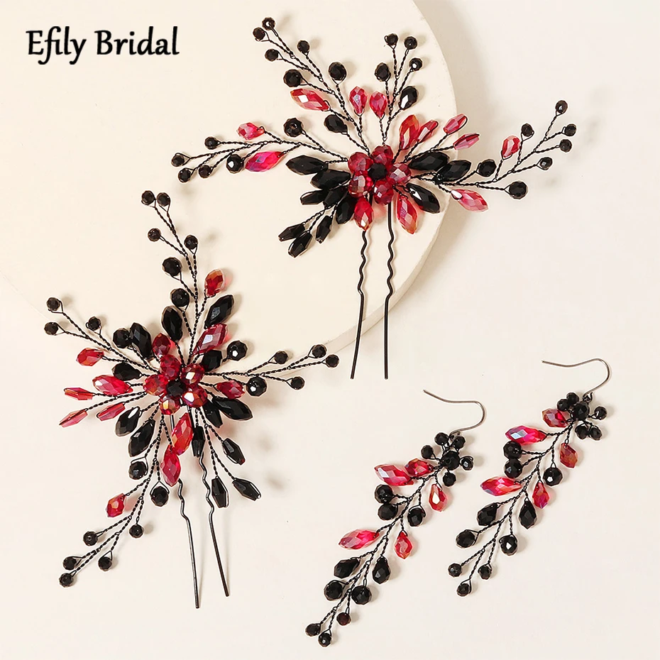 

Efily Handmade Black Red Crystal Jewelry Sets for Women Flower Earrings Wedding Hairpin Bridal Headpiece Party Bridesmaid Gift