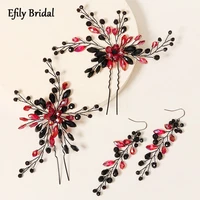 efily handmade black red crystal jewelry sets for women flower earrings wedding hairpin bridal headpiece party bridesmaid gift