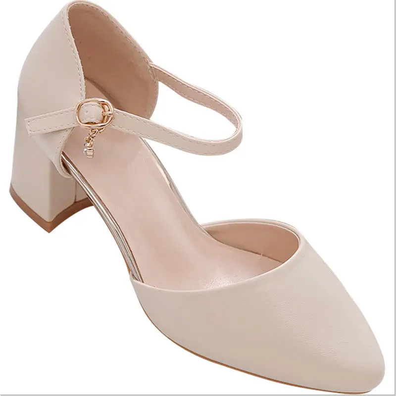2023 Spring New Single Shoes,Block Mid Heels,Women Pumps,Ankle Strap Buckle,Pointed Toe,Footware for Office Lady Beige,Apricot