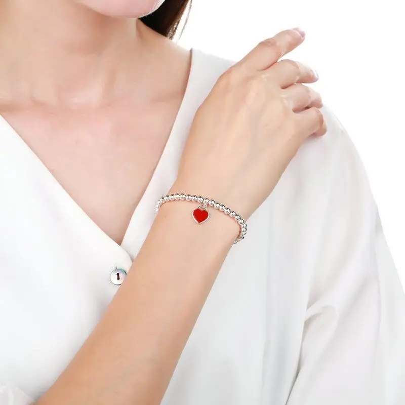 

FIT original S925 Sterling silver blue pink enamel heart bracelet for women classic fashion Love ladies Jewelry free shipping