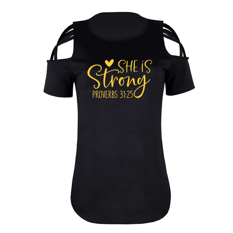 

Летняя женская футболка, топ, женская футболка с надписью She Is Strong, Женская свободная футболка с коротким рукавом и круглым вырезом
