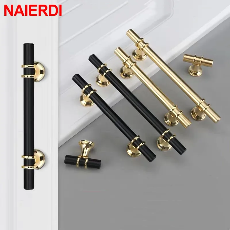 

NAIERDI Nordic Style Zinc Alloy Black Door Handles Pulls Furniture Drawer Knobs Fashion Gold Aluminum Kitchen Cabinet Handles