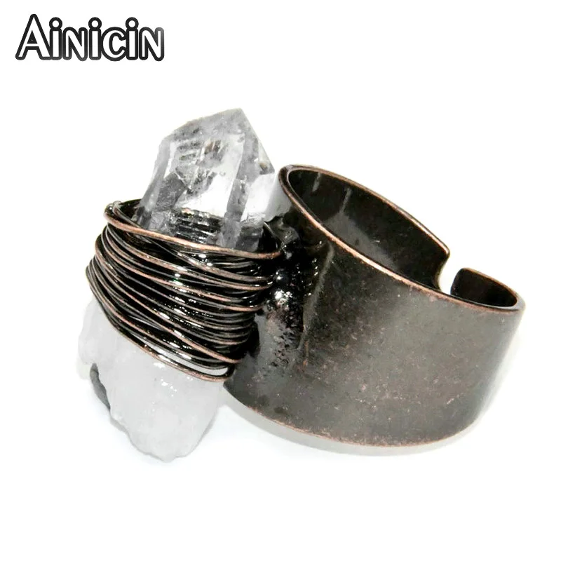 New Arrival Antique Bronze Plating Natural Raw Crsytal Wire Wrap Adjustable Wide Rings For Women Stone Jewelry