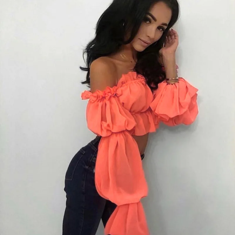 

Sexy Women Chiffon Off Shoulder Casual Tops Ruffle Long Sleeve Casual Summer T-Shirt Clubwear Party Tee Harajuku