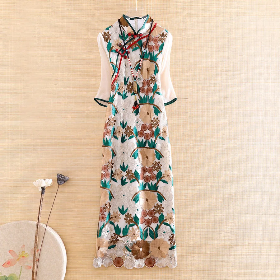 

High-end Summer 2020 Women Mesh Cheongsam Dress Retro Elegant Embroidery Half Sleeve A-line Slim Lady Party Qiapao Dress XXL