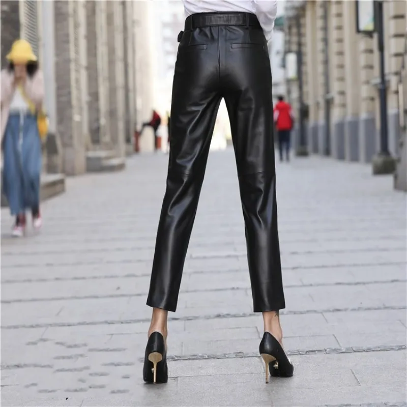 

Length Wmen Ankle Belted Sheepskin Harem Pants Fashion Office Ladies Slim Genuine Leather Pencil Pants Casual Mujer Pantalones
