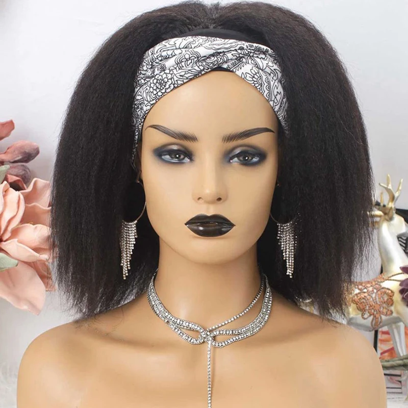Perucas de Cabelo Remy da Malásia Brasileiro Curto Kinky Reta Bandana Humano 150% Densidade Completa Fácil Instalar
