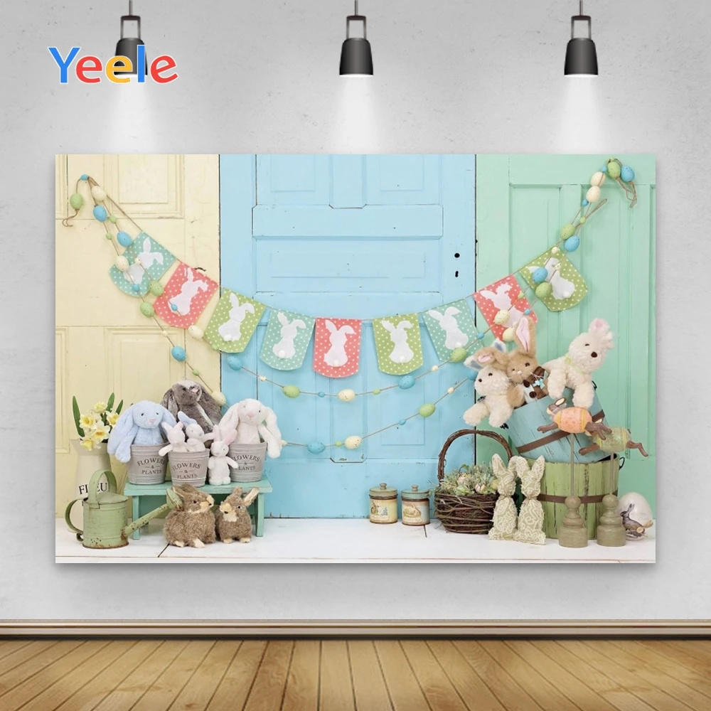 

Yeele Happy Easter Toy Rabbit Flower Wood Door Barrel Background Backdrop Photophone Baby Photo Studio for Decor Customized Size