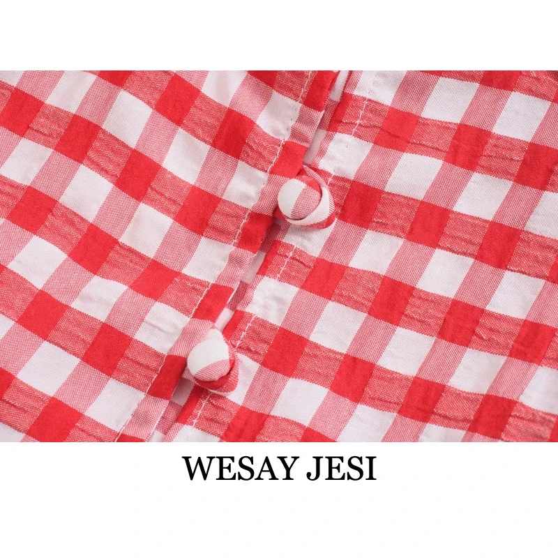 

WESAY JESI Summer Dress Women 2021 Casual Dress Sleeveless Backless Fashion French Sling Chic Red And White Plaid V-Neck Female