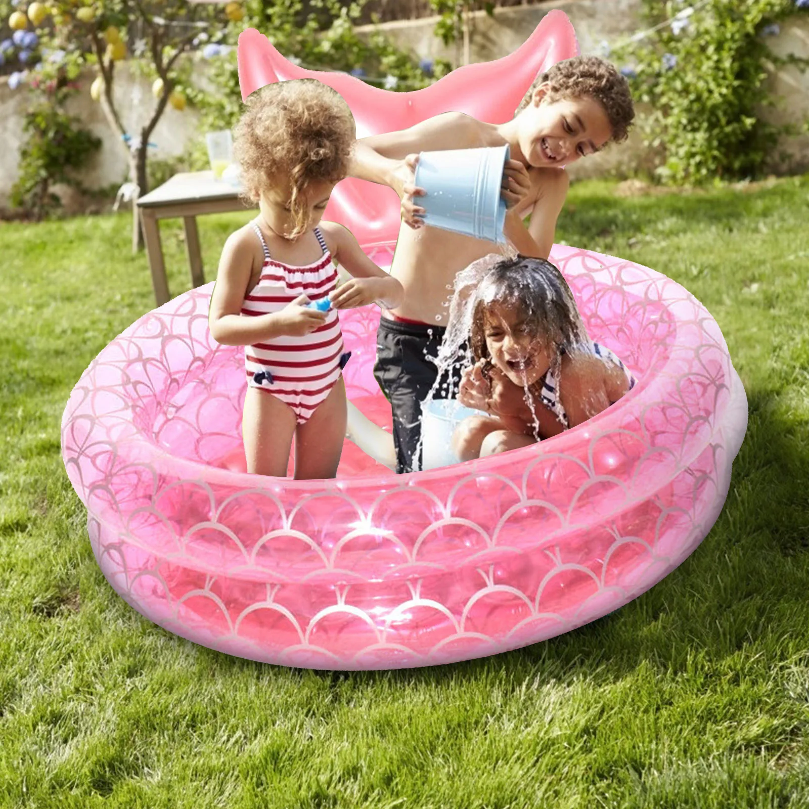 

Nflatable Mermaids Pool Home Children Baby Pink Round Swimming Pool Floating Air Swimming Pool Games Water Mattress Floats Pink