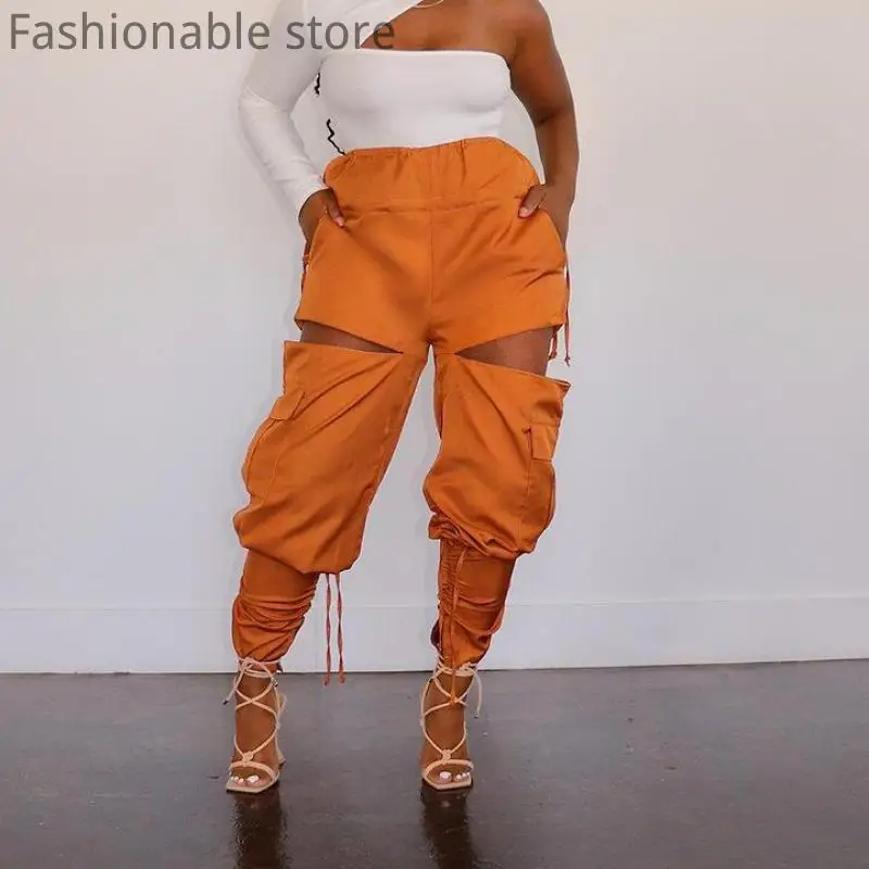 

Women Casual Solid Color Hole Pockets Design Lace-up Cargo Pants